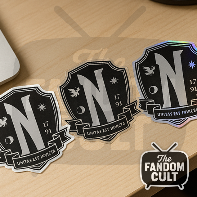 Nevermore Academy Crest Black Die Cut Vinyl Sticker Holographic/Clear/White
